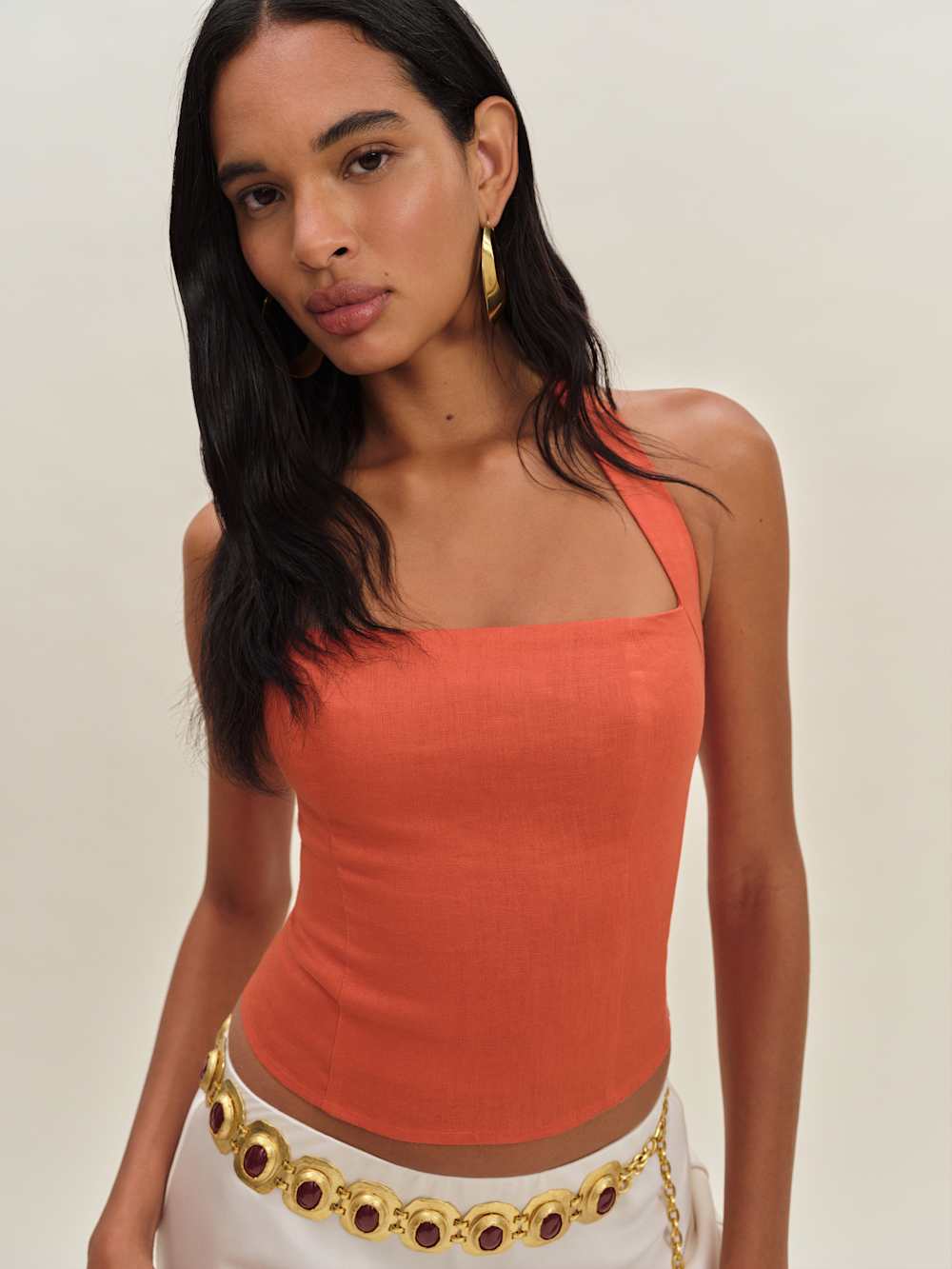 Reformation Malika Linen Top - Red Coral