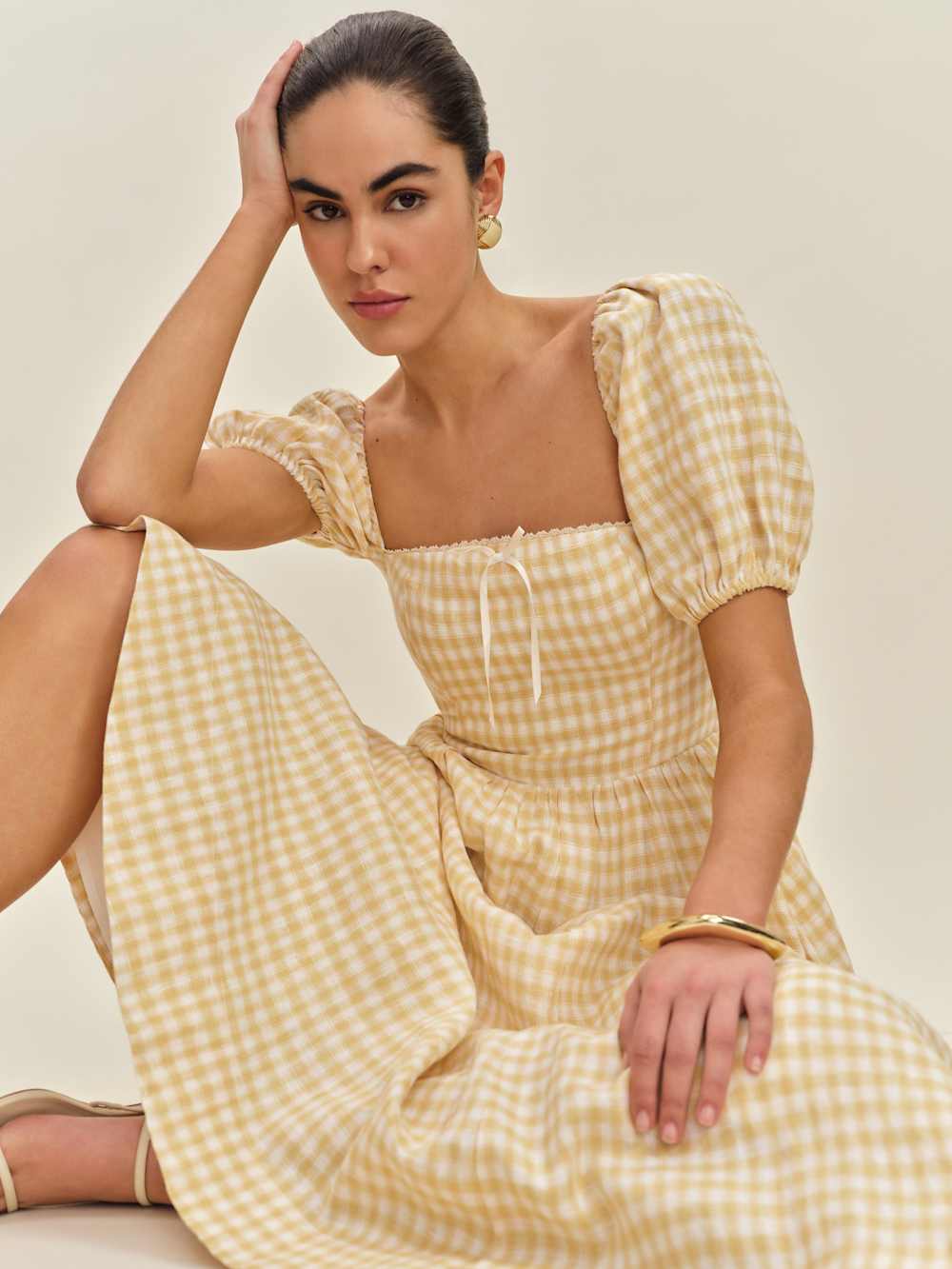 Reformation Marella Linen Dress - Sunshine Check