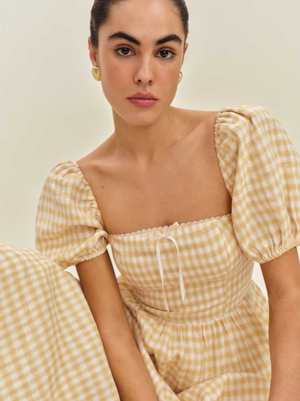 Reformation Marella Linen Dress - Sunshine Check