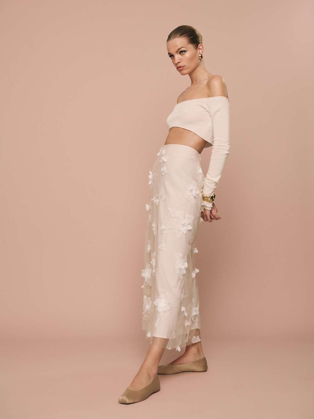 Reformation Gabriella Skirt - Ivory Floral Appliqué