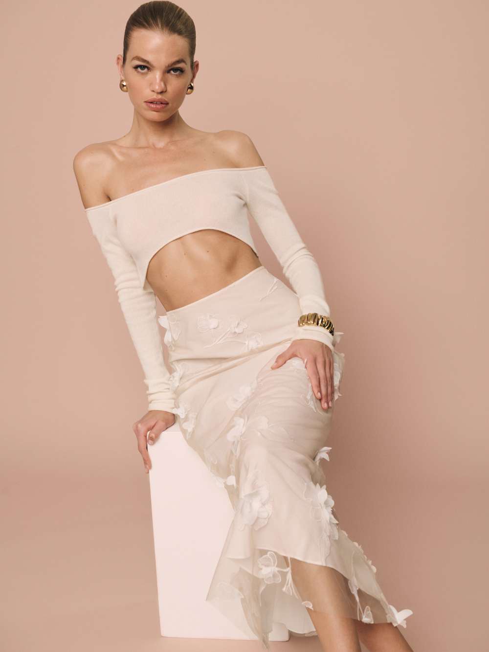 Reformation Gabriella Skirt - Ivory Floral Appliqué