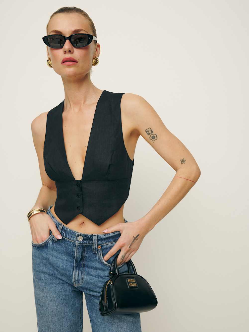 Reformation Sofia Cropped Linen Vest - Black
