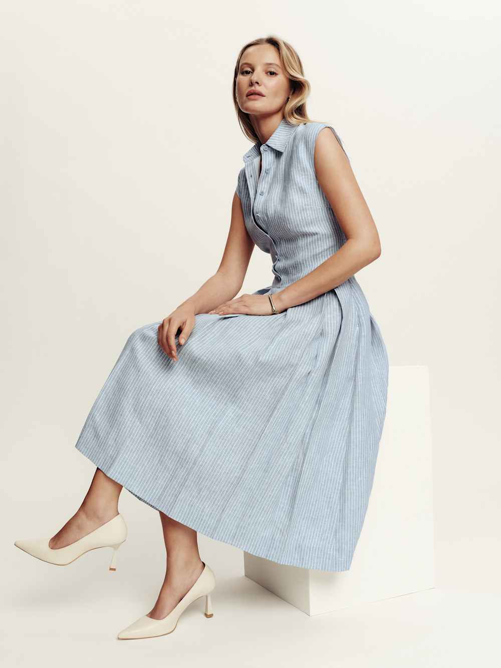 Reformation Prim Linen Dress - Cornflower Stripe