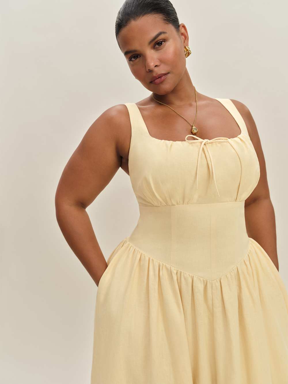 Reformation Balia Linen Dress Es - Parmesan