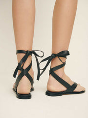 Reformation Justine Lace Up Thong Sandal - Black Leather