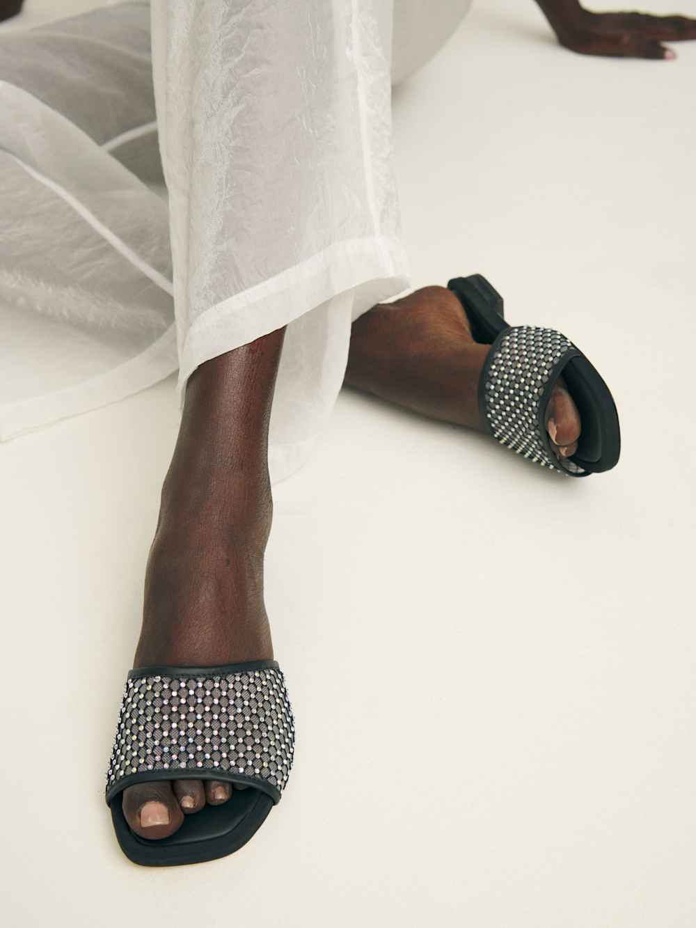 Reformation Eliza Flat Sandal - Black Rhinestone Mesh