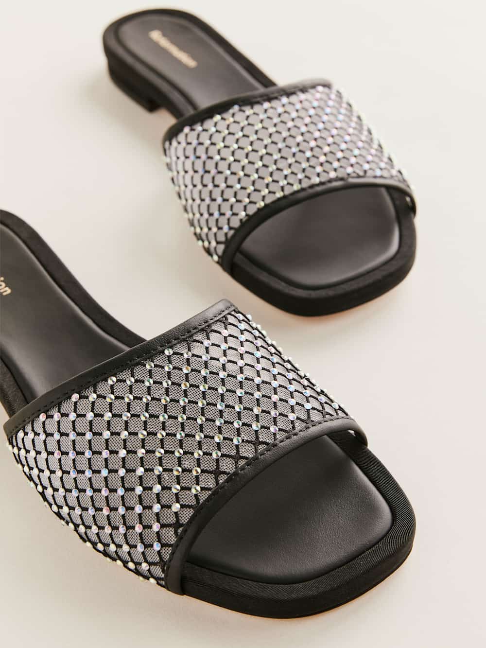 Reformation Eliza Flat Sandal - Black Rhinestone Mesh