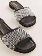 Reformation Eliza Flat Sandal - Black Rhinestone Mesh