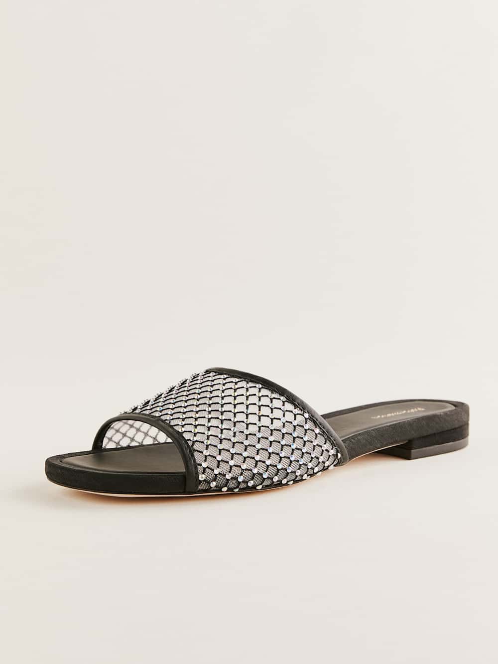 Reformation Eliza Flat Sandal - Black Rhinestone Mesh