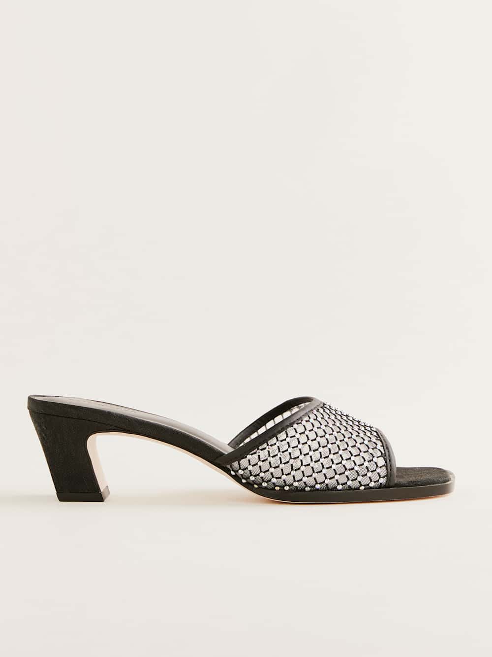 Reformation Scout Heeled Sandal - Black Rhinestone Mesh