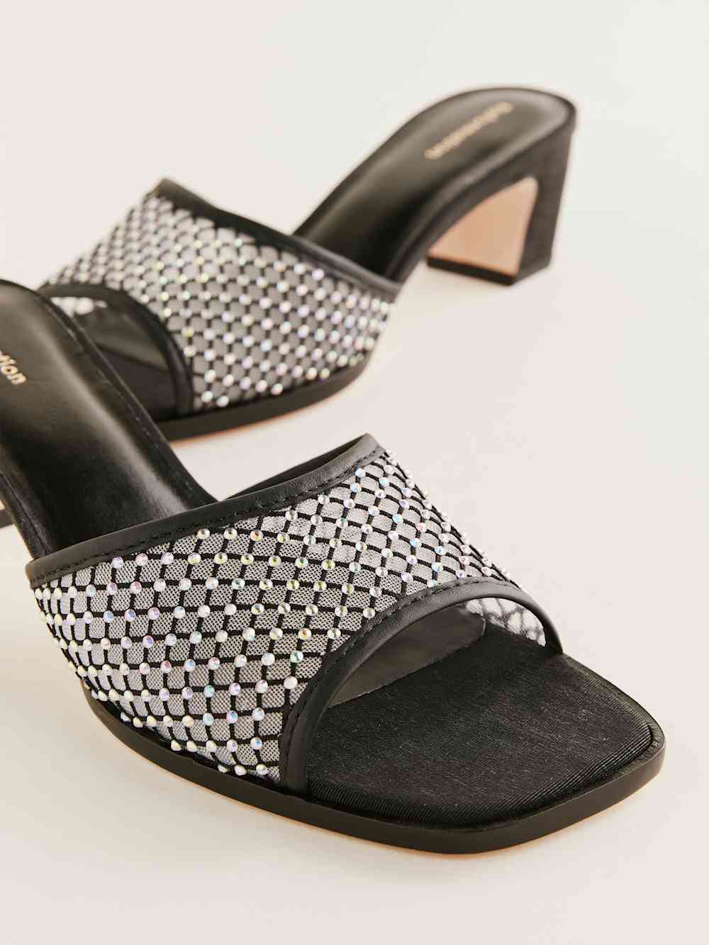 Reformation Scout Heeled Sandal - Black Rhinestone Mesh