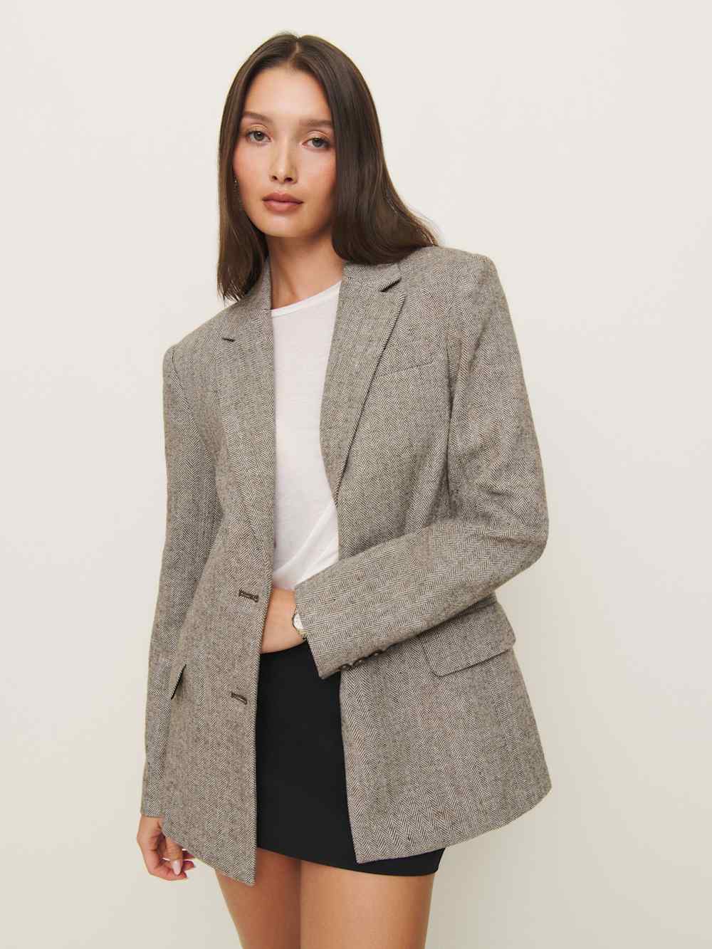 Reformation James Relaxed Blazer - Brown Herringbone