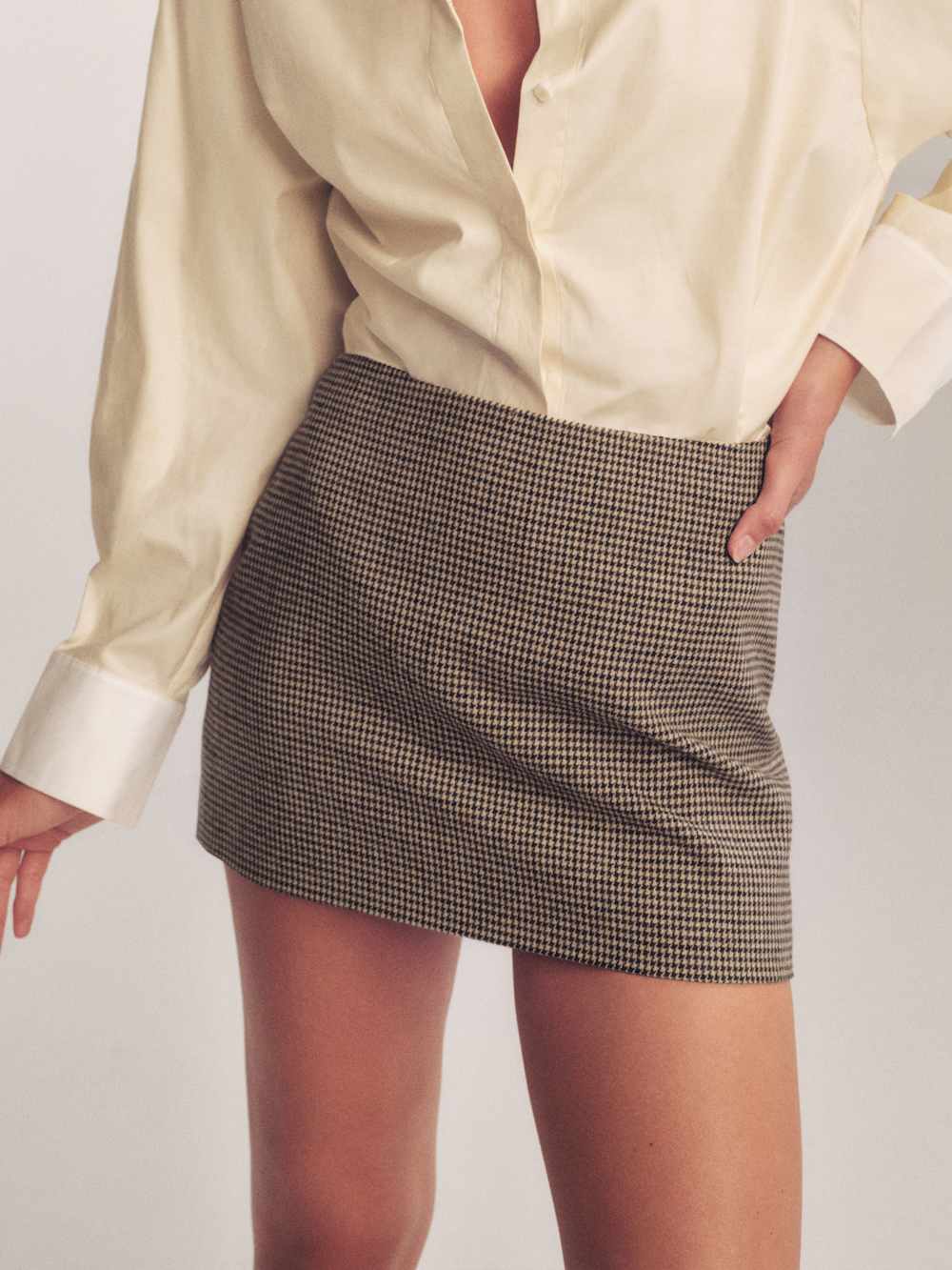 Reformation Carla Low Waist Wool Skirt - Tan Houndstooth