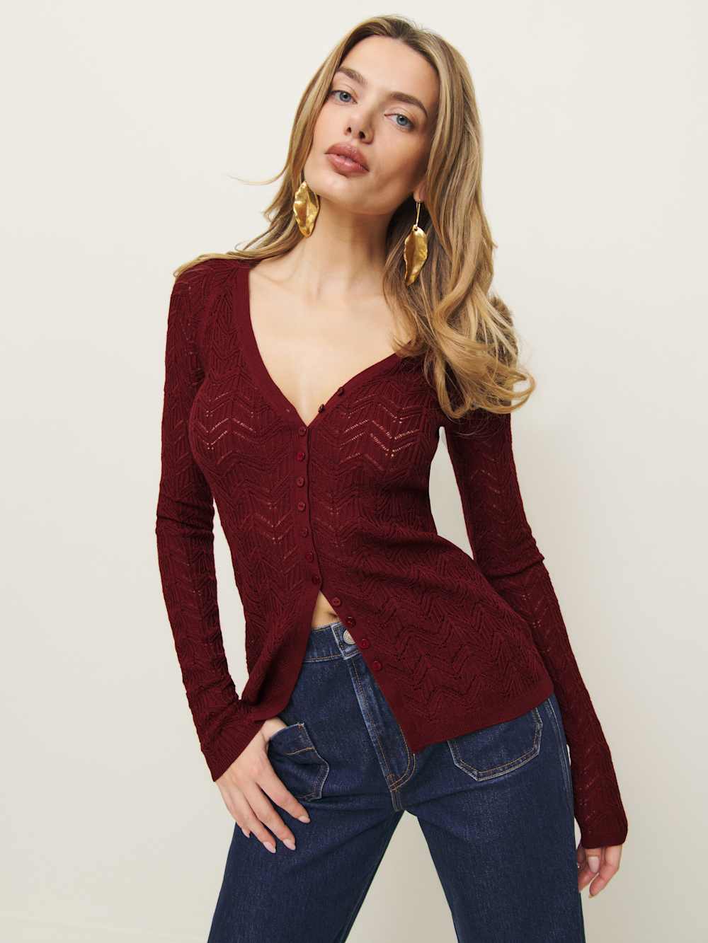 Reformation Sutton Regenerative Merino Open Knit Sweater - Chianti