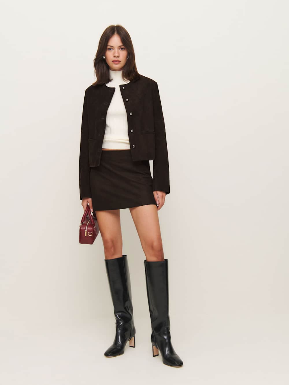 Reformation Veda Carla Low Waist Leather Skirt - Mole Suede