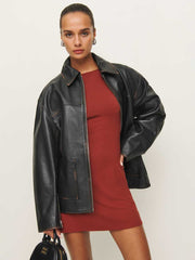 Reformation Veda Bennett Oversized Leather Bomber - Black Distressed