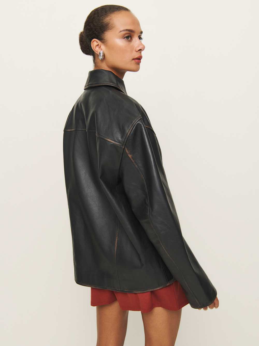 Reformation Veda Bennett Oversized Leather Bomber - Black Distressed
