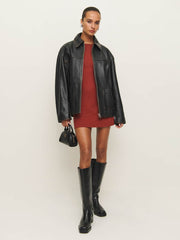 Reformation Veda Bennett Oversized Leather Bomber - Black Distressed
