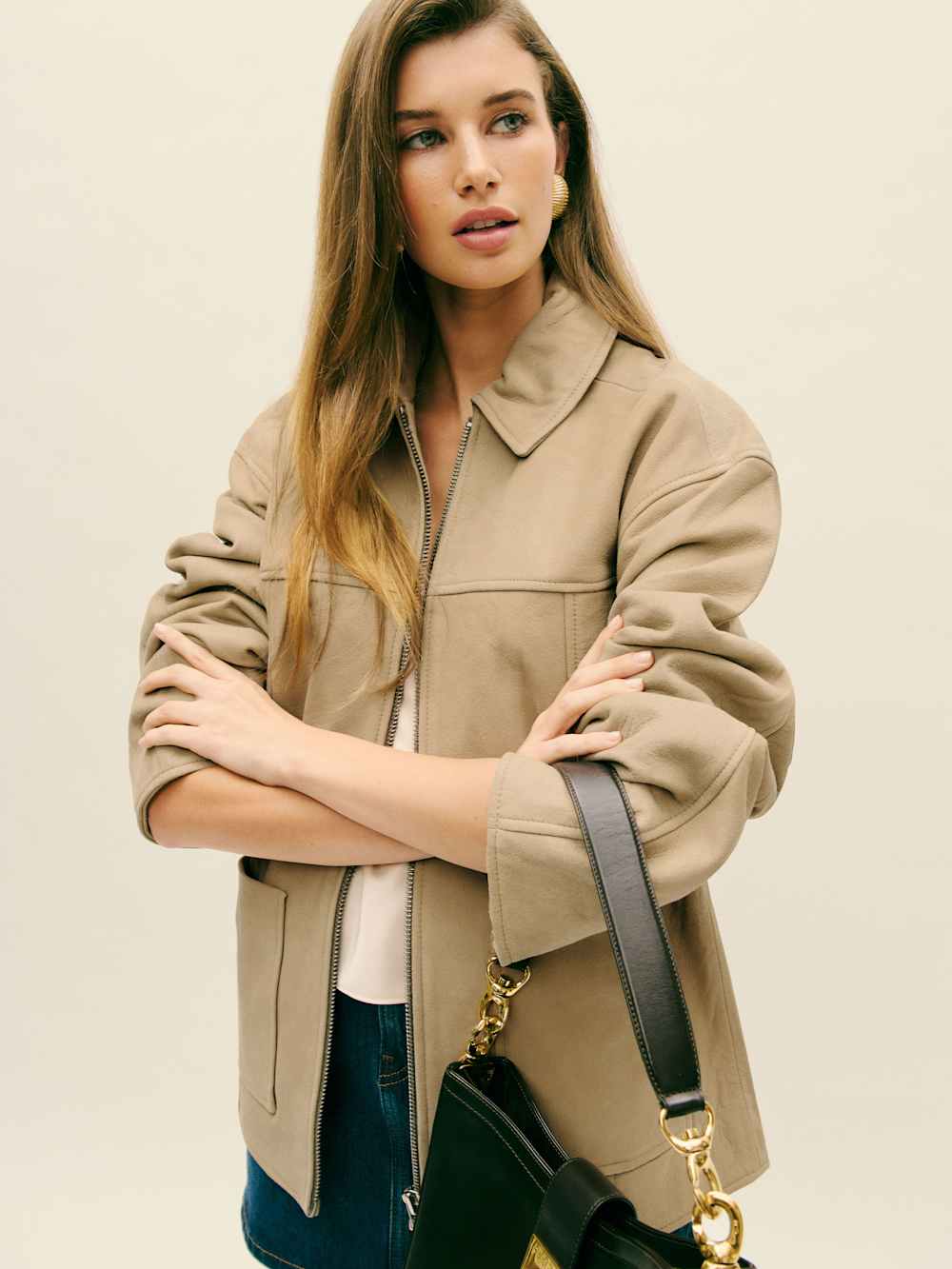 Reformation Veda Bennett Oversized Leather Bomber - Oat Distressed