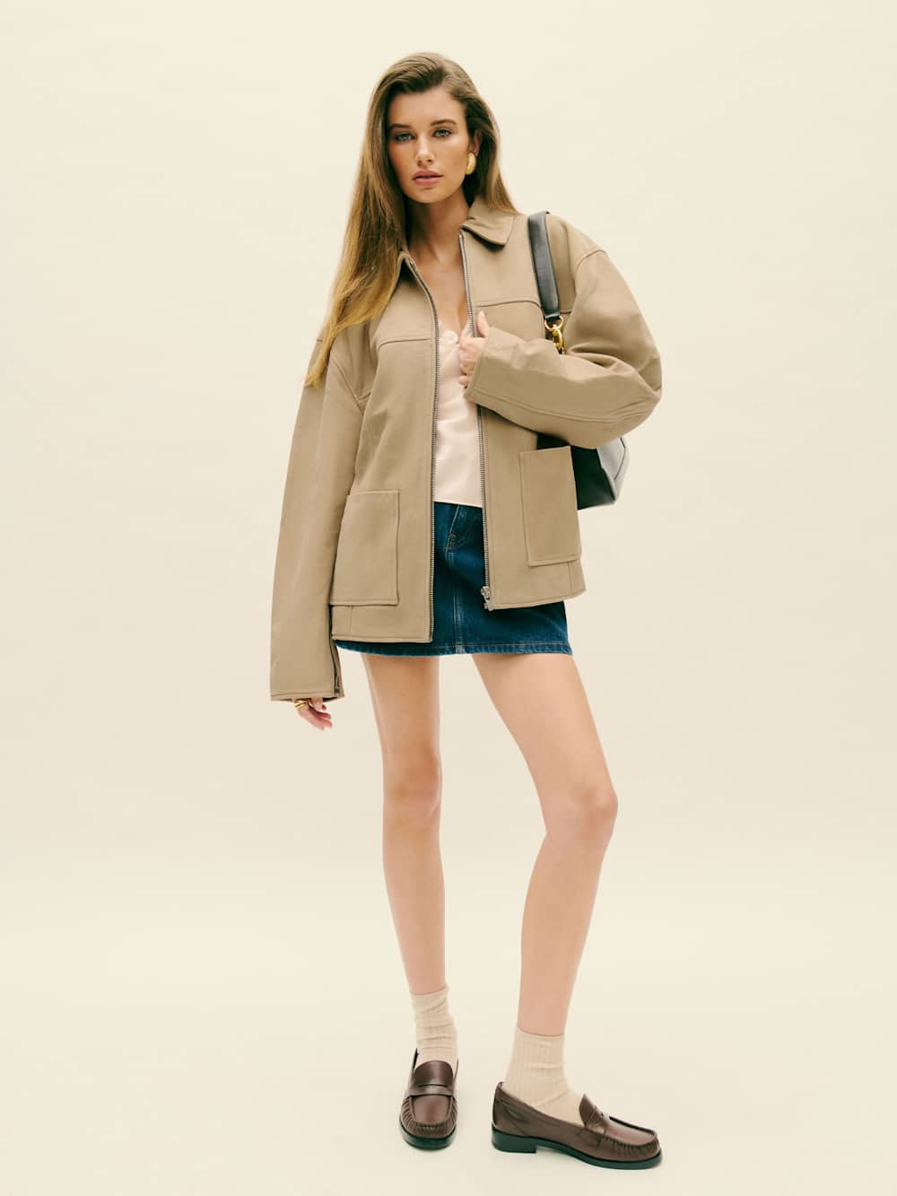 Reformation Veda Bennett Oversized Leather Bomber - Oat Distressed