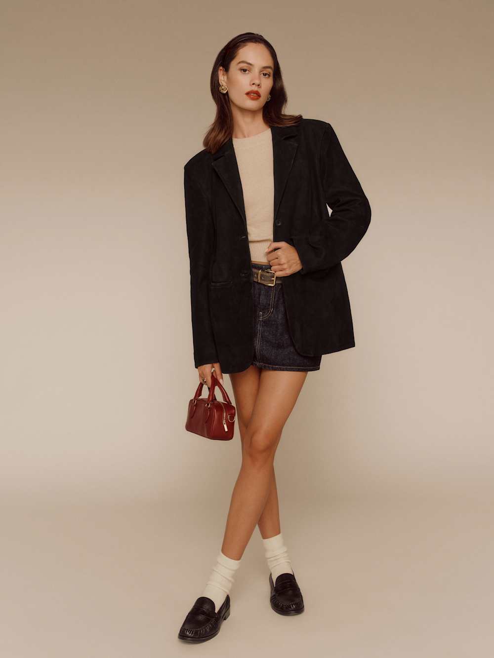 Reformation Veda Leon Oversized Blazer - Black Suede
