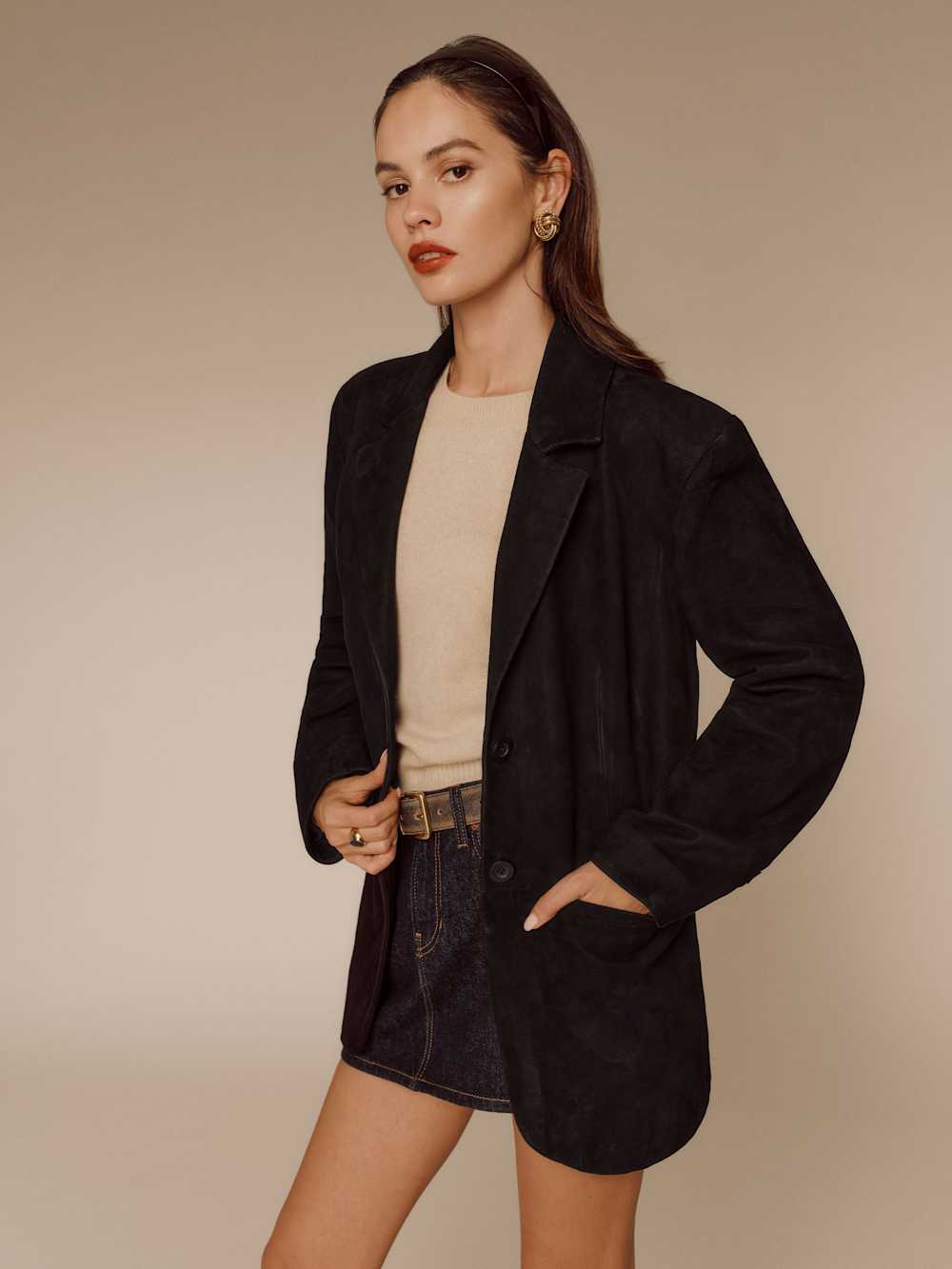 Reformation Veda Leon Oversized Blazer - Black Suede