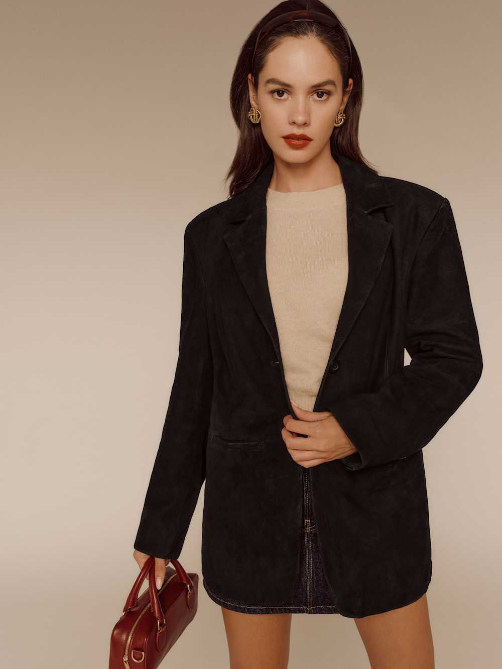 Reformation Veda Leon Oversized Blazer - Black Suede