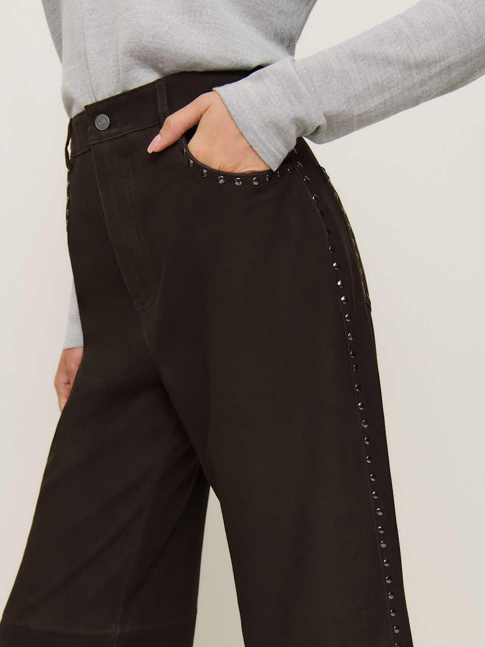 Reformation Veda Kennedy Studded Leather Pant - Mole Suede