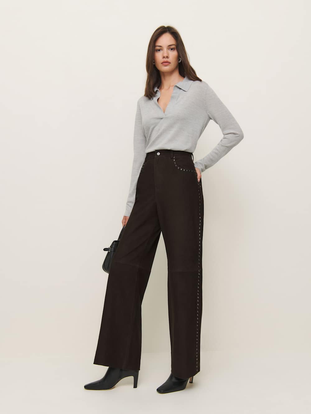 Reformation Veda Kennedy Studded Leather Pant - Mole Suede