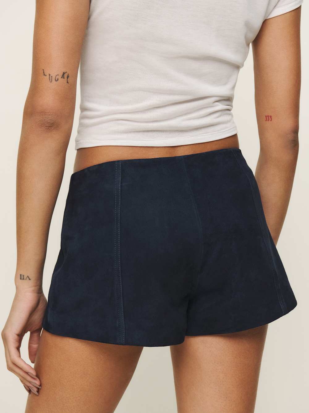 Reformation Veda Rory Leather Short - Navy Suede