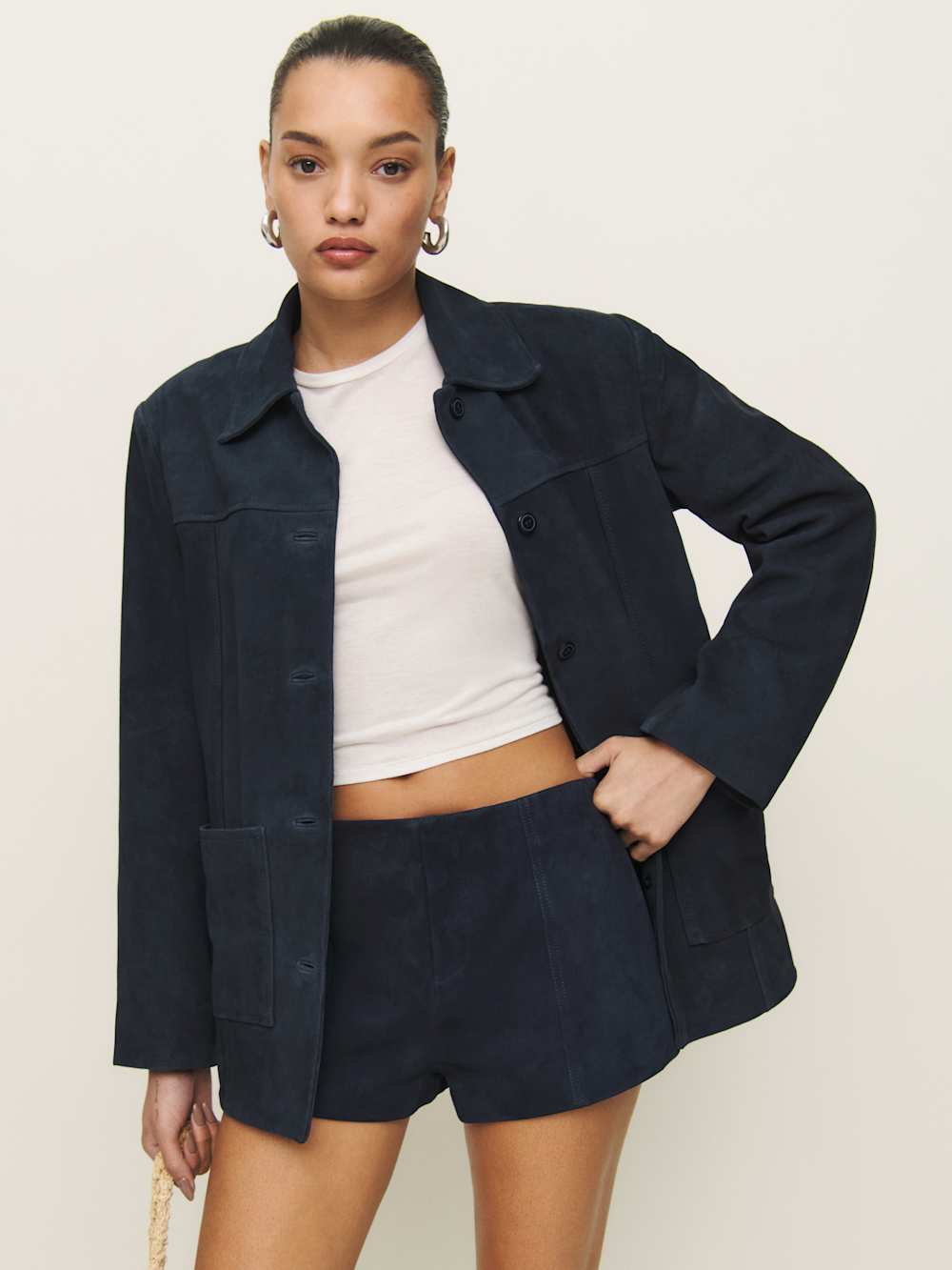 Reformation Veda Rory Leather Short - Navy Suede