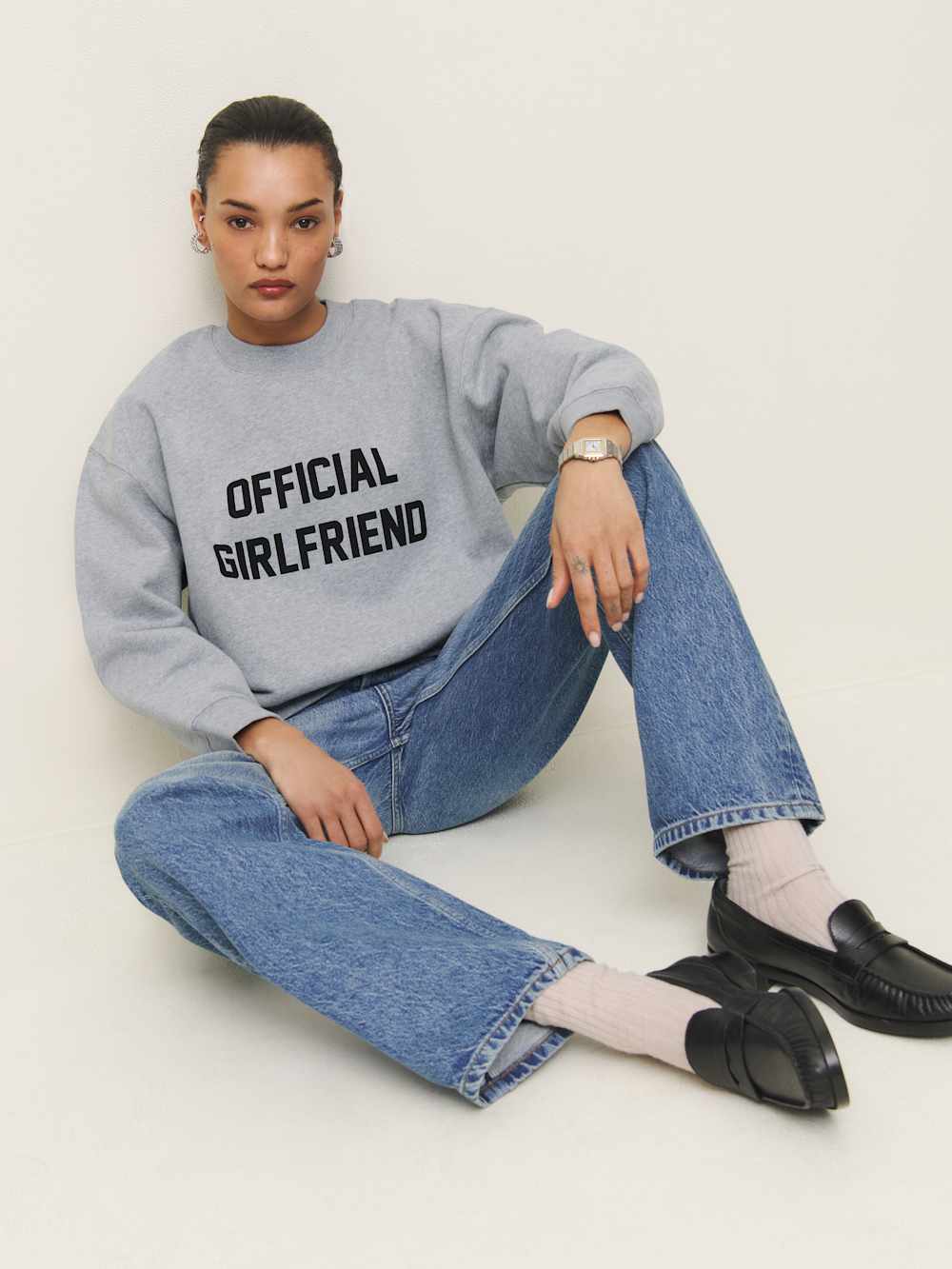 Reformation Emma Classic Crewneck Sweatshirt - Official Girlfriend Sweatshirt Heather Grey And Black