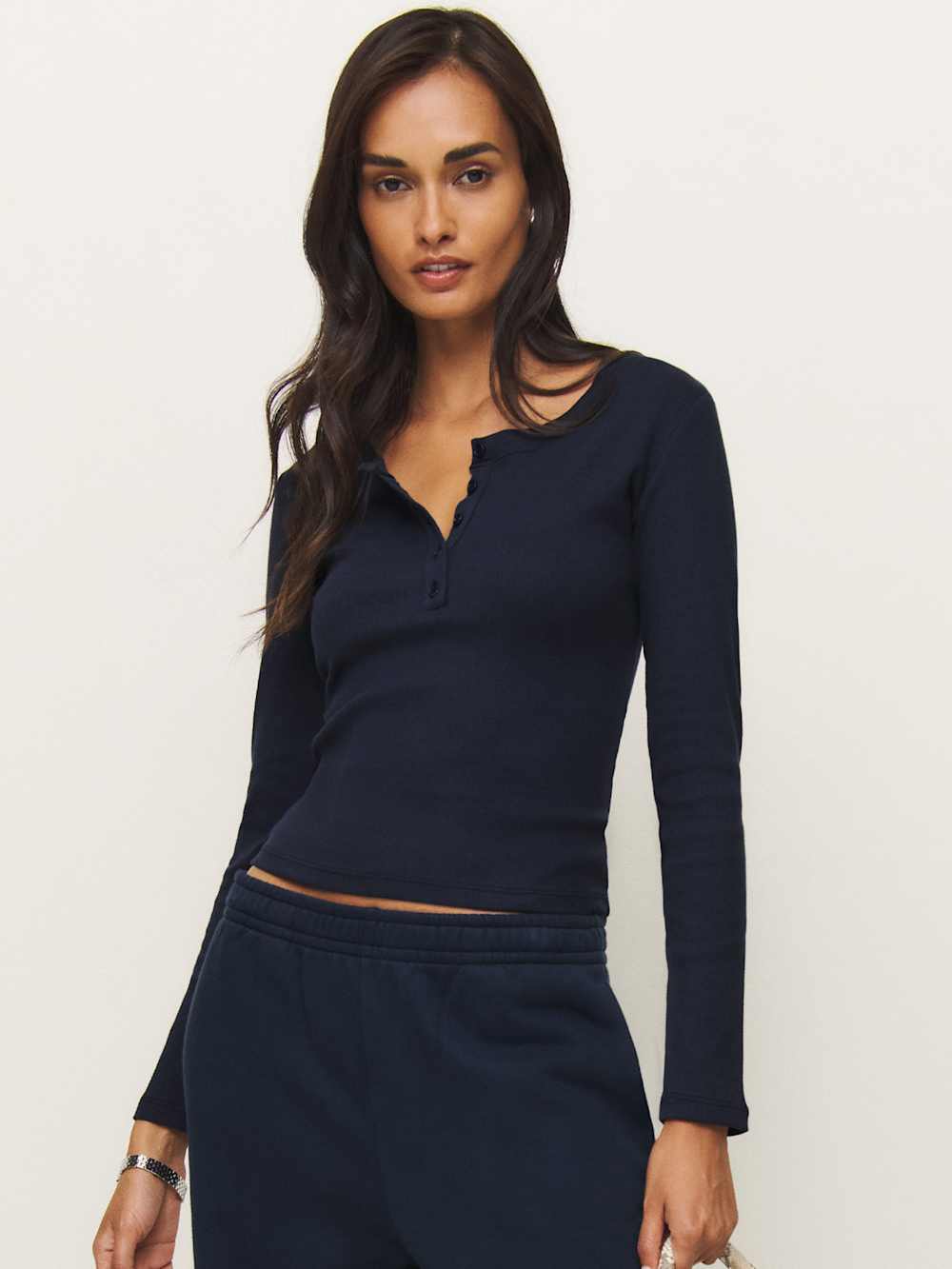 Reformation Jayden Long Sleeve Henley Tee - Midnight