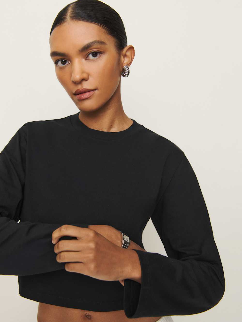 Reformation Asher Cropped Oversized Longsleeve Tee - Black
