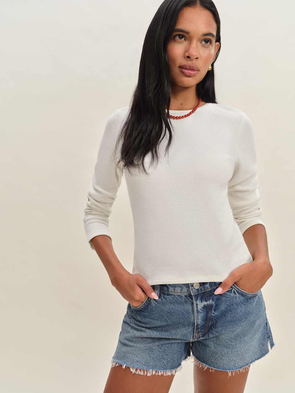 Reformation Ezra Slim Fit Long Sleeve - White Waffle