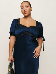 Reformation Stella Silk Dress Es - Navy