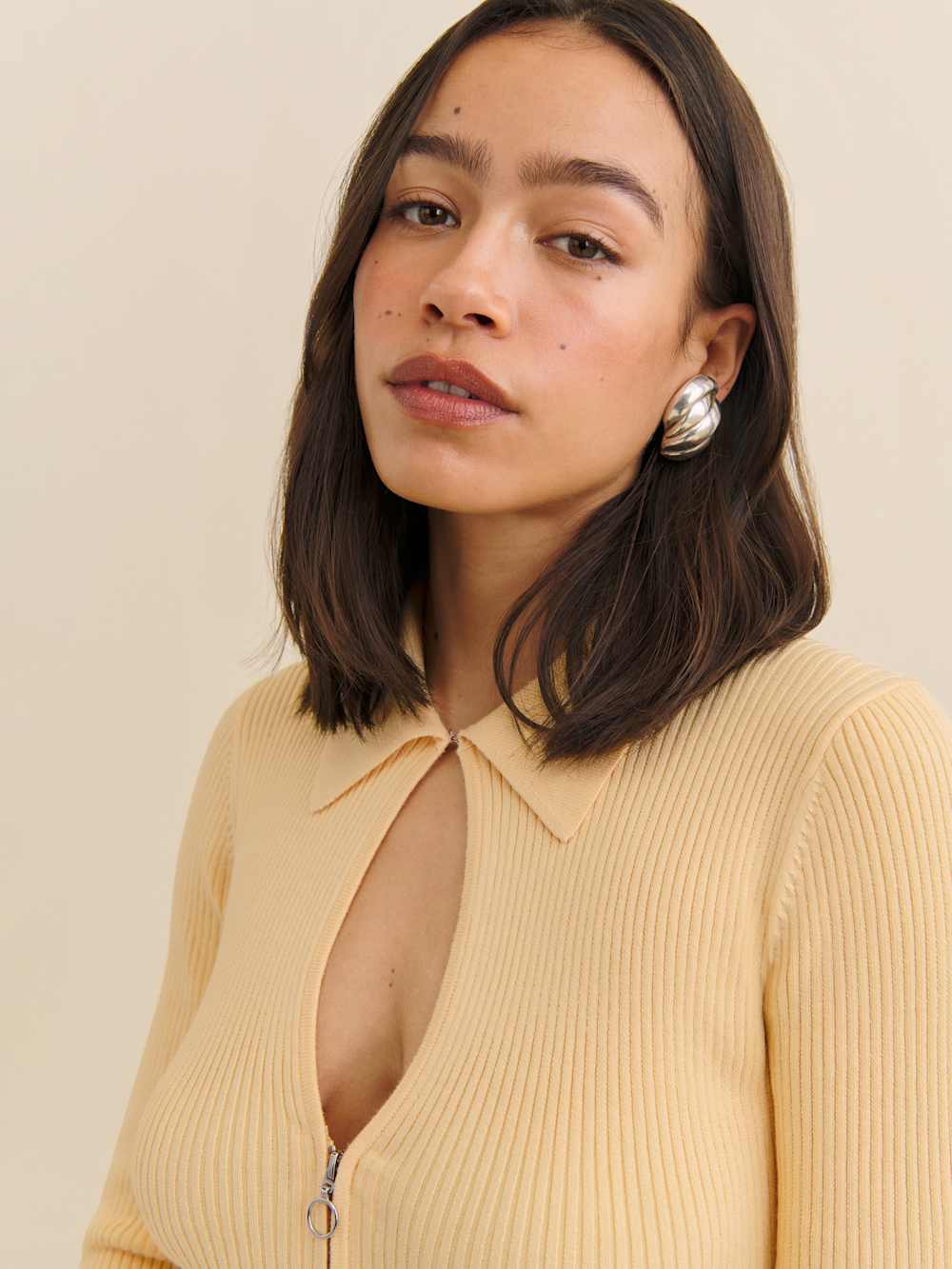 Reformation Hastings Cotton Sweater Zip - Parmesan