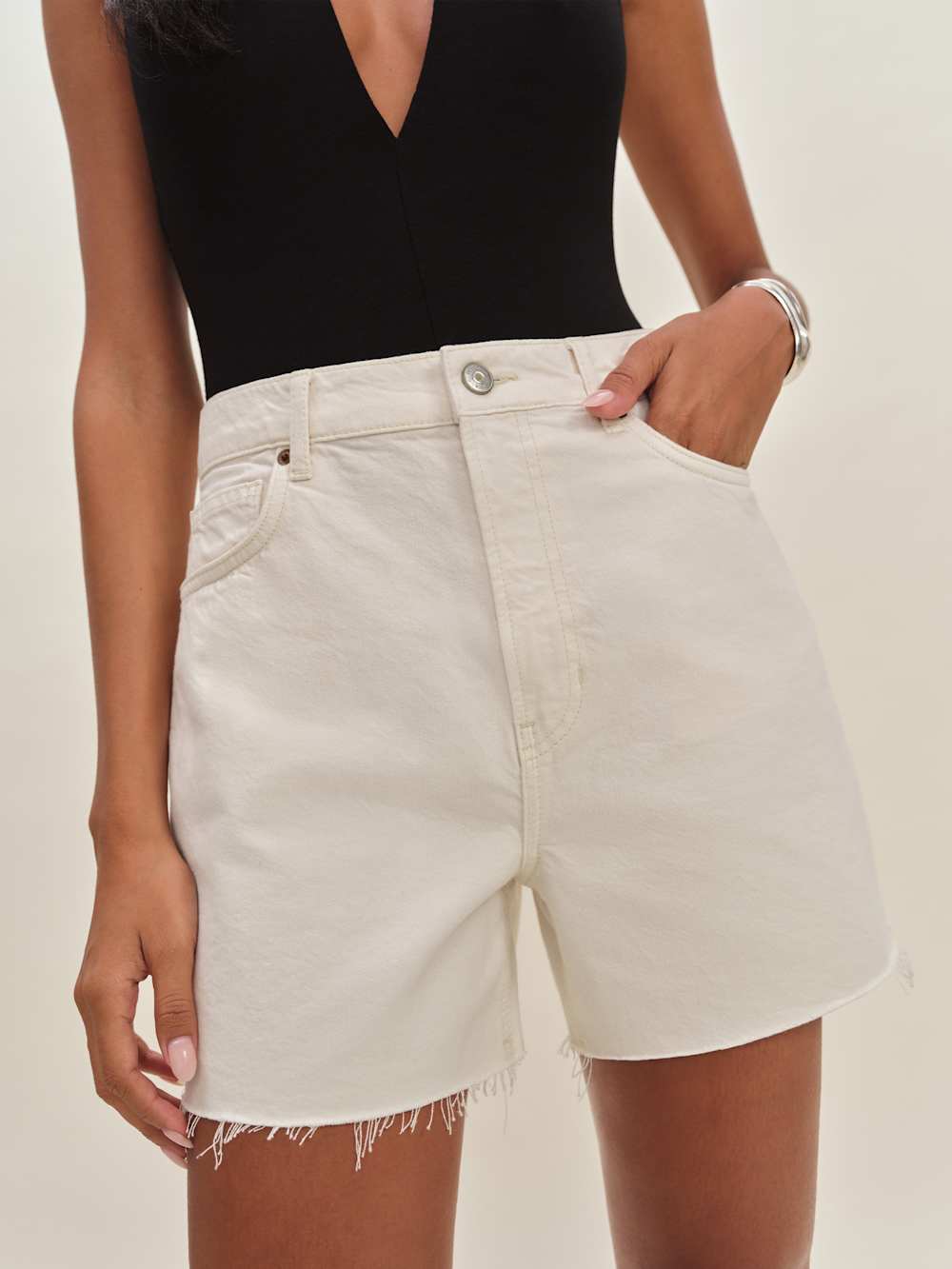 Reformation Saige High Rise 4” Jean Shorts - Fior Di Latte