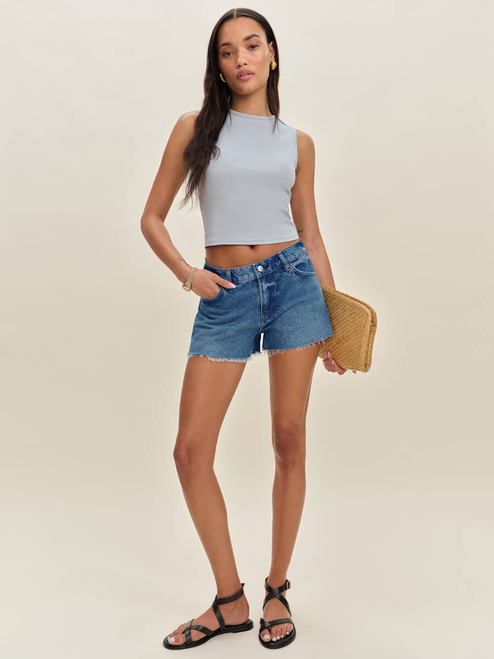 Reformation Sutton Low Rise 2.5” Slouchy Jean Shorts - Pelican Pepper Embroidery