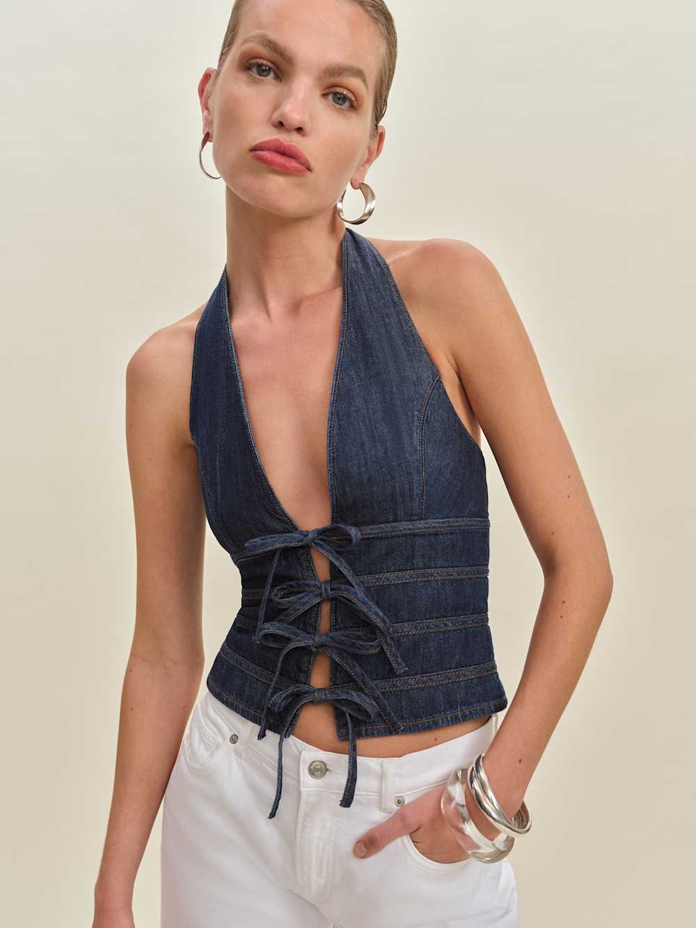 Reformation Kyleigh Denim Halter Top - Bodega