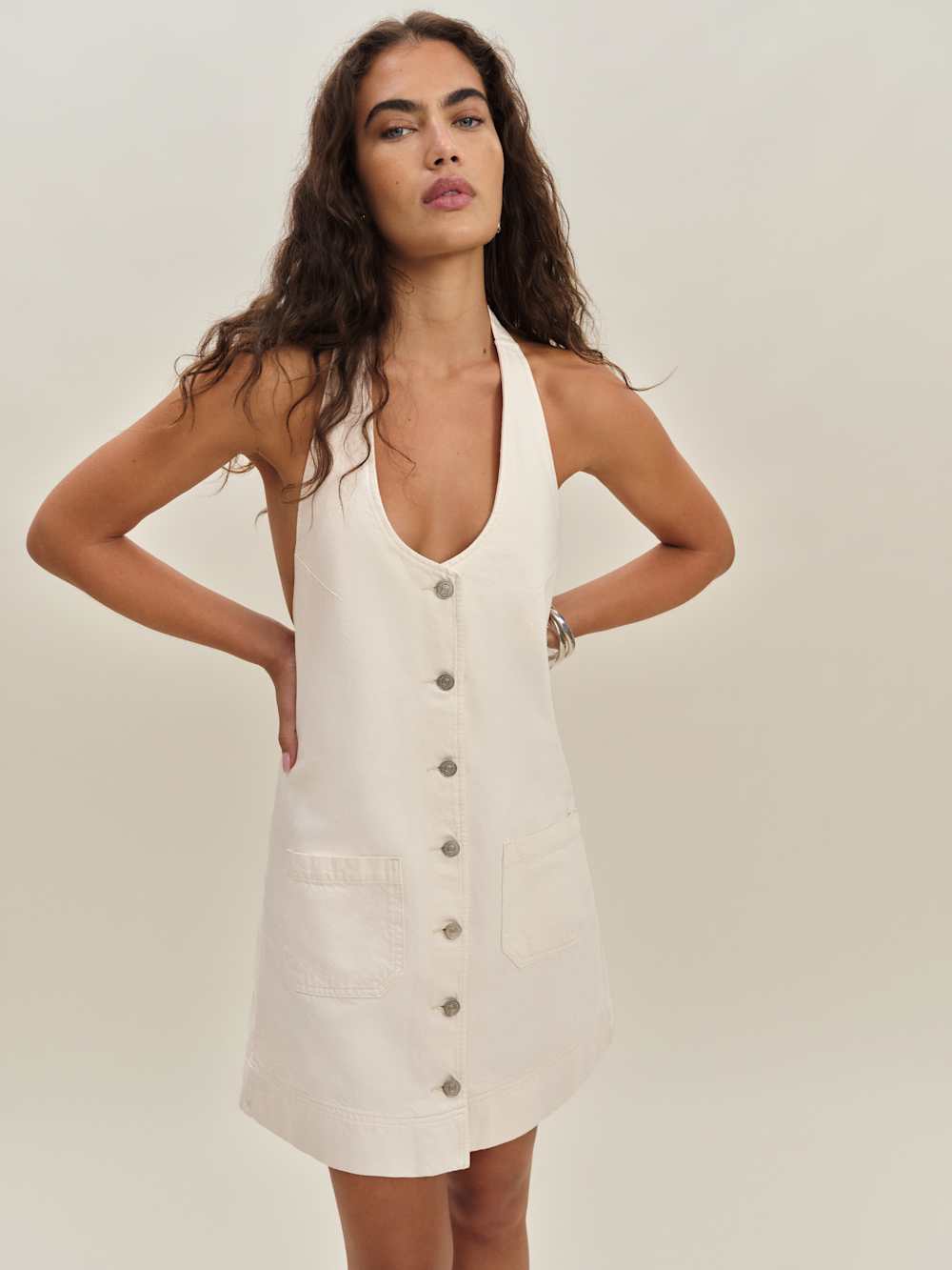 Reformation Brittany Denim Halter Mini Dress - Fior Di Latte
