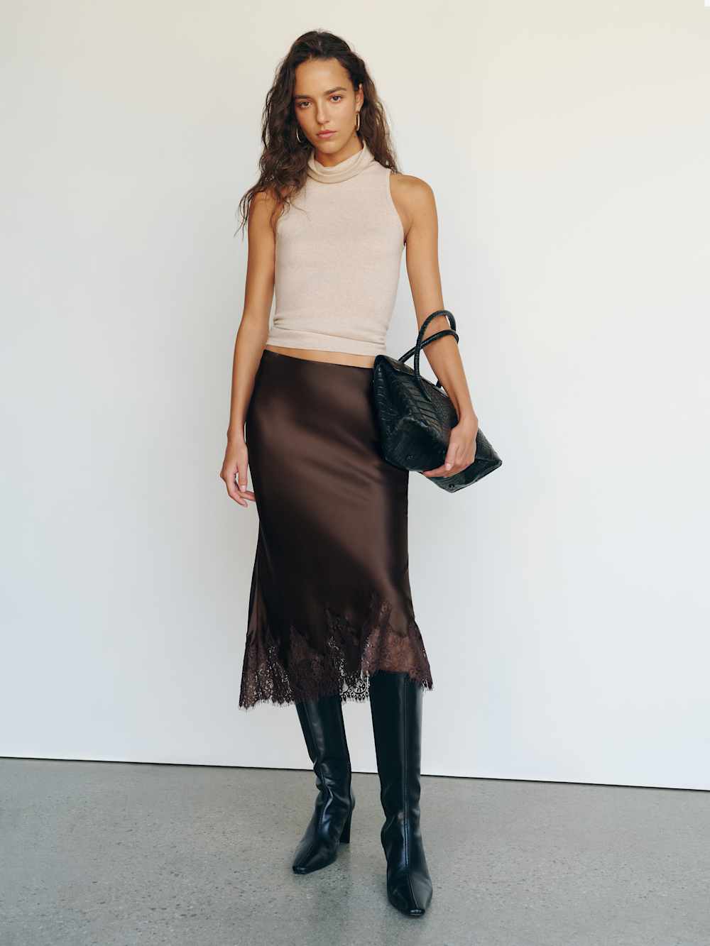 Reformation Carolina Silk Skirt - Black Bean