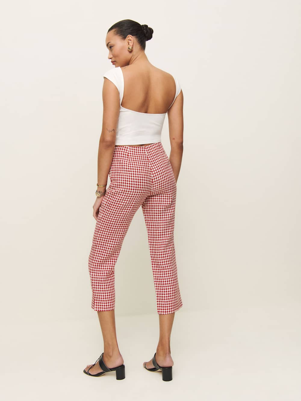 Reformation Petra Linen Low Rise Pedal Pusher Pant - Tomato Check
