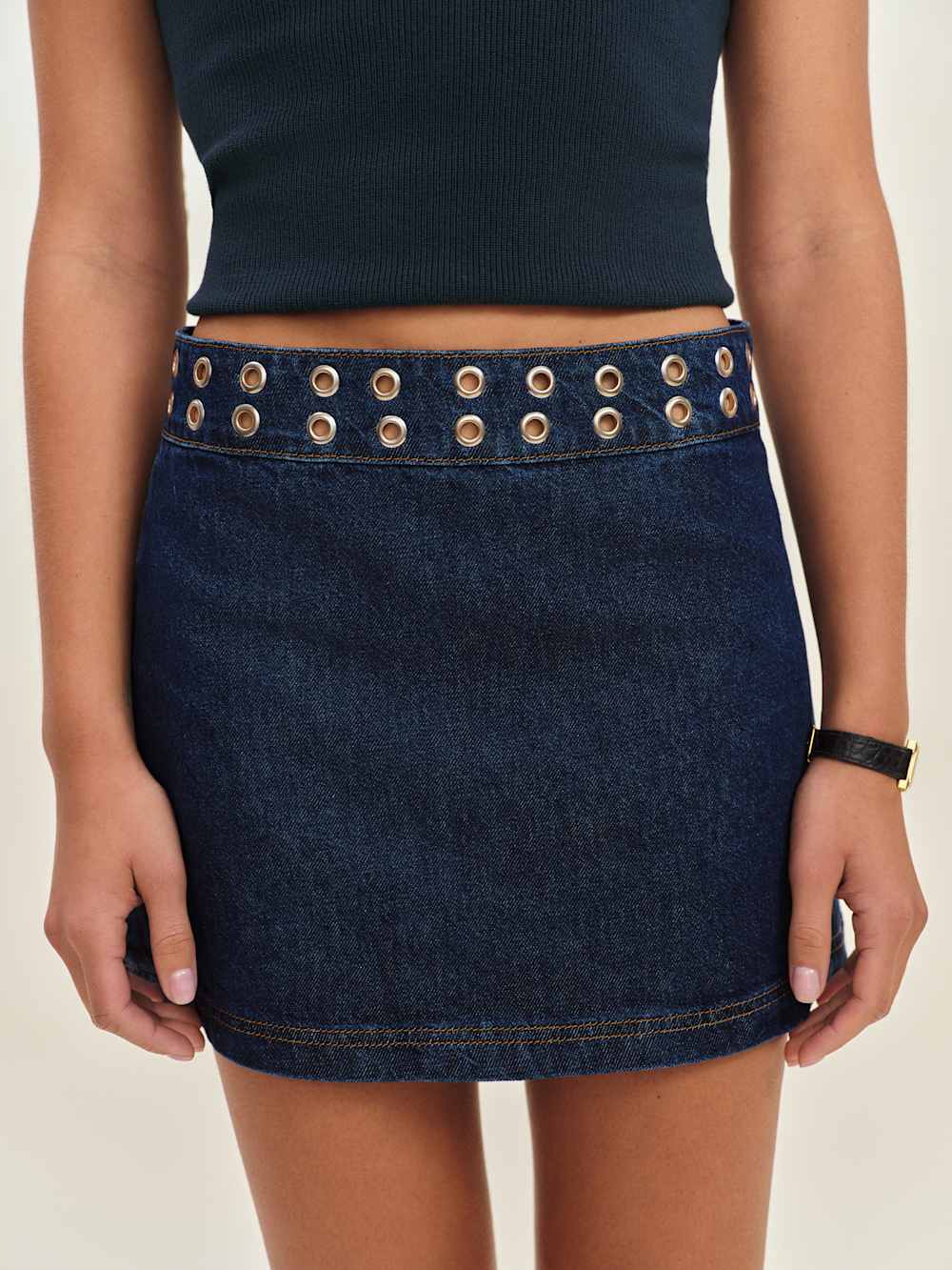 Reformation Jaylene Mid Rise Denim Mini Skirt - Flinders Grommets
