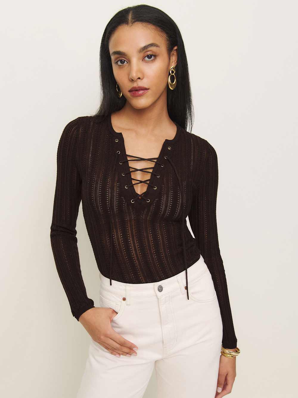 Reformation Nadia Regenerative Merino Lace Up Sweater - Mole