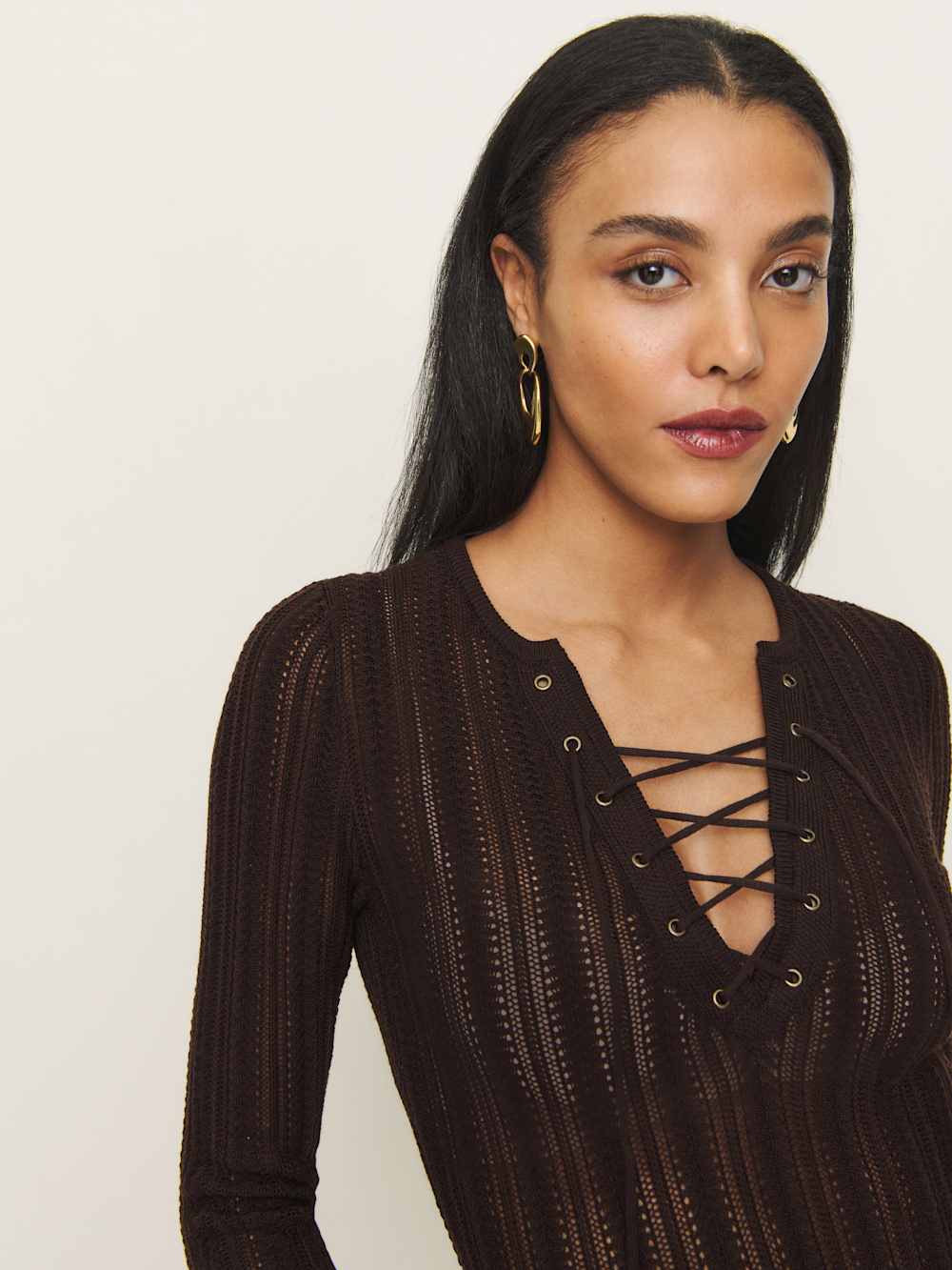 Reformation Nadia Regenerative Merino Lace Up Sweater - Mole