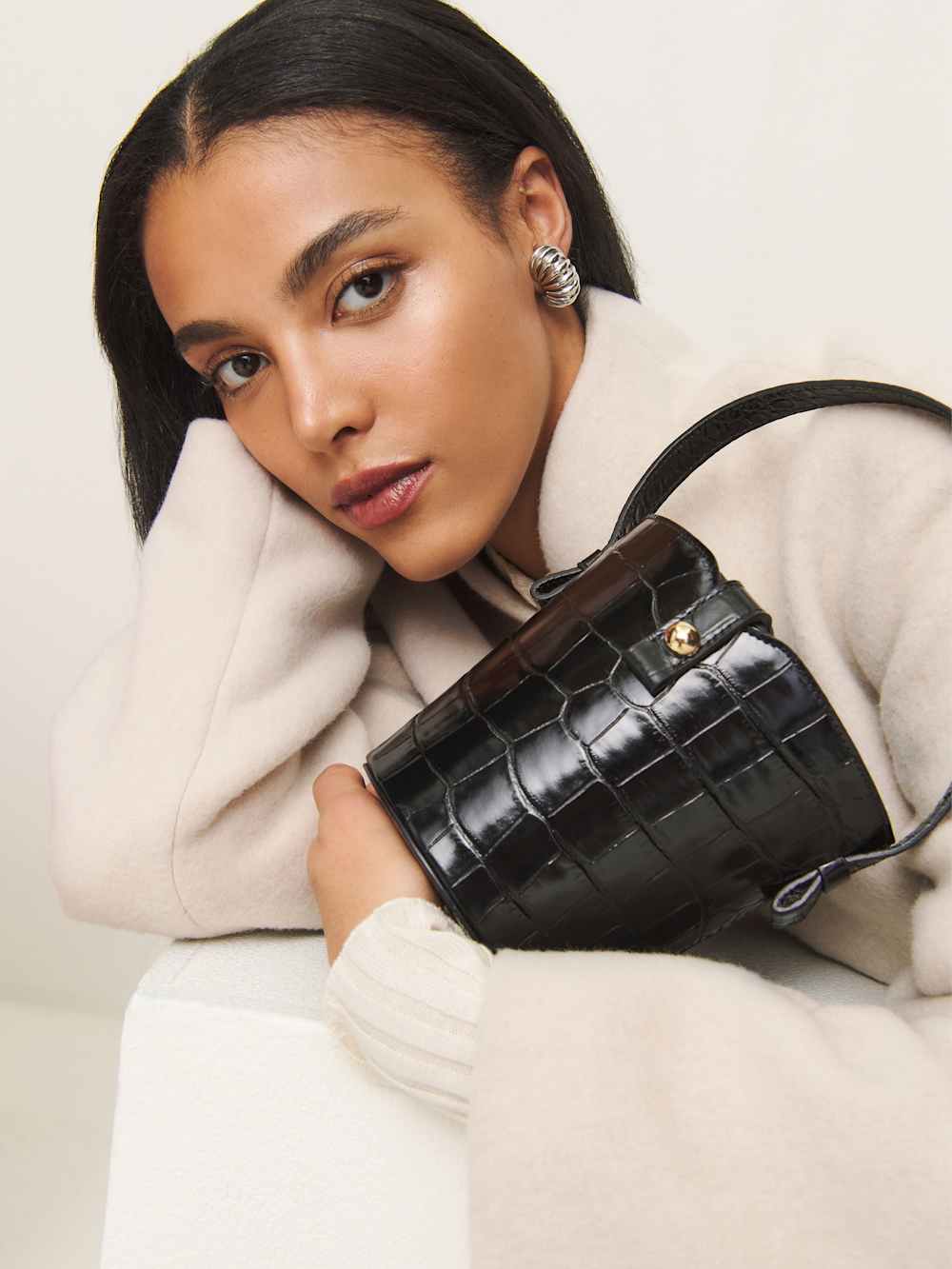 Reformation Irina Bucket Bag - Black Croc Emboss
