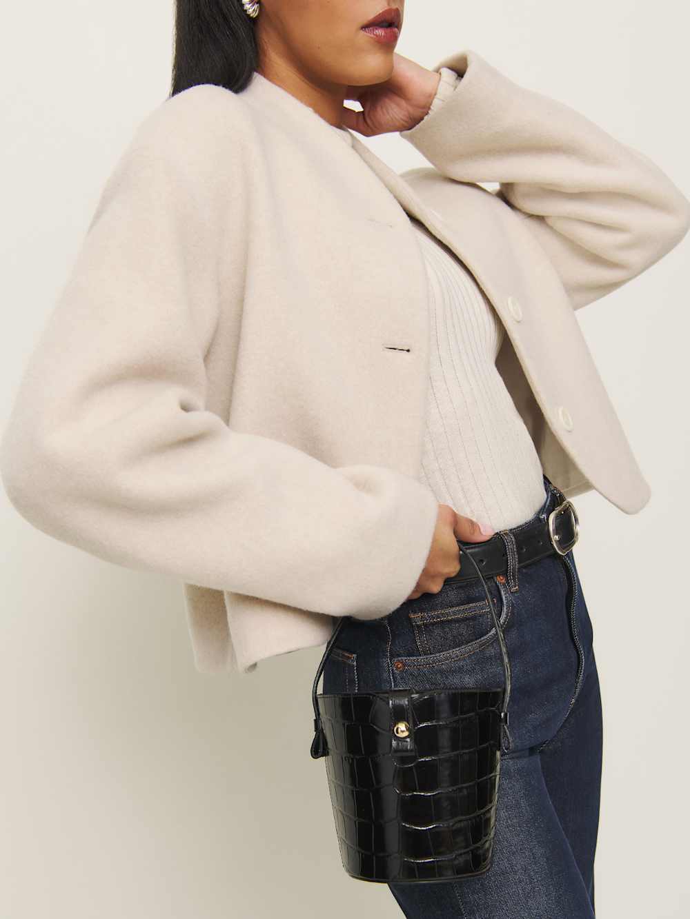 Reformation Irina Bucket Bag - Black Croc Emboss