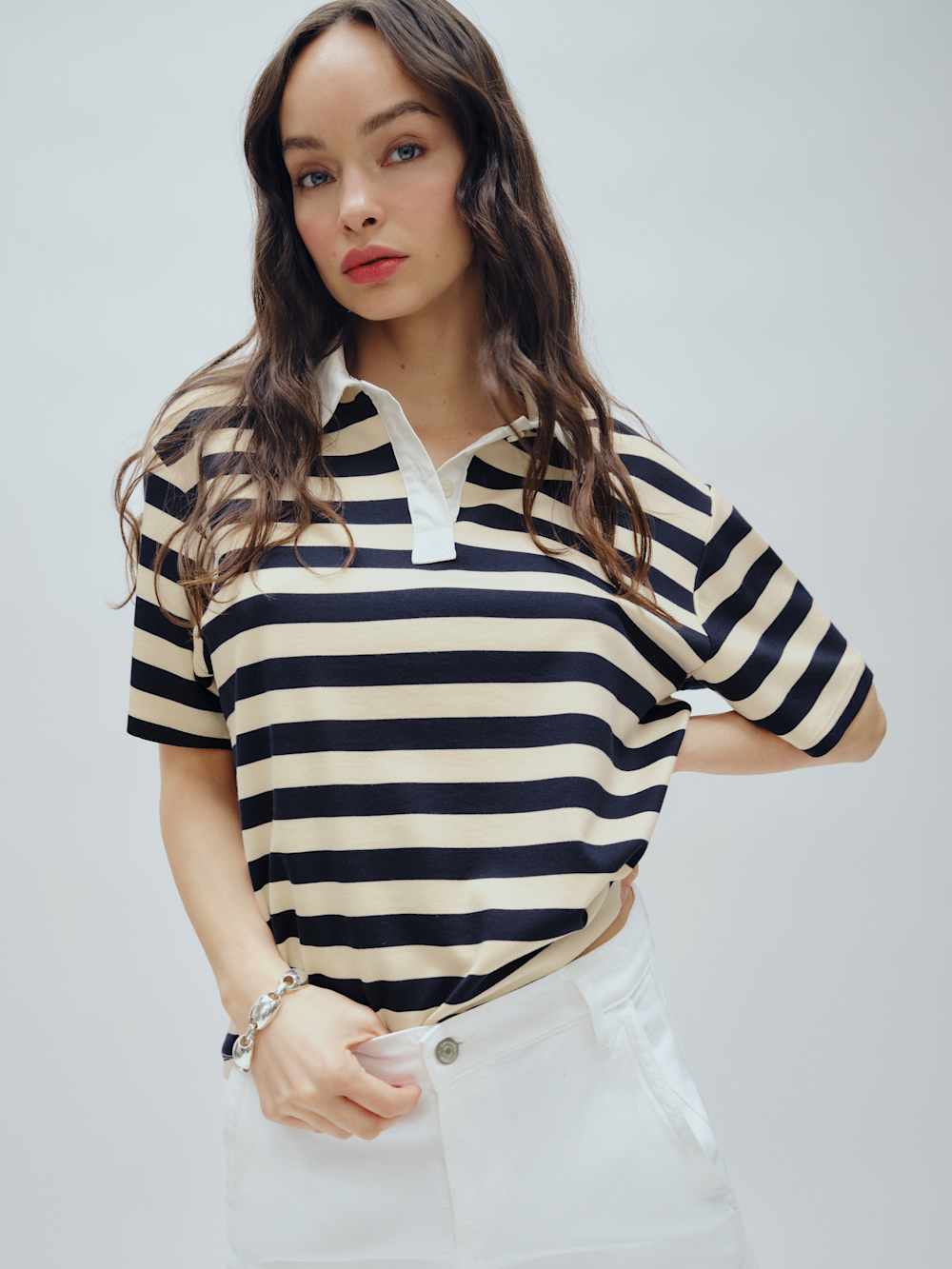 Reformation Jean Knit Shirt - Cream And Navy Stripe
