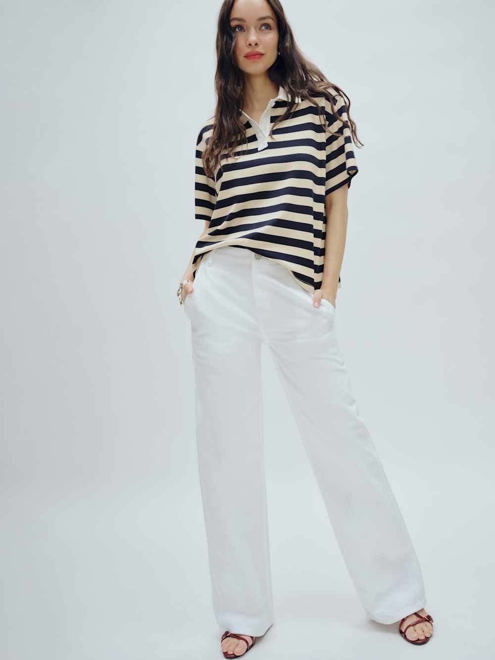 Reformation Jean Knit Shirt - Cream And Navy Stripe